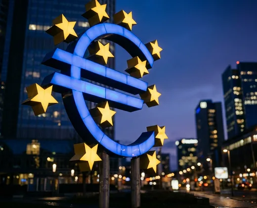 Euro-Zeichen-Skulptur mit EU-Sternen in Frankfurt
